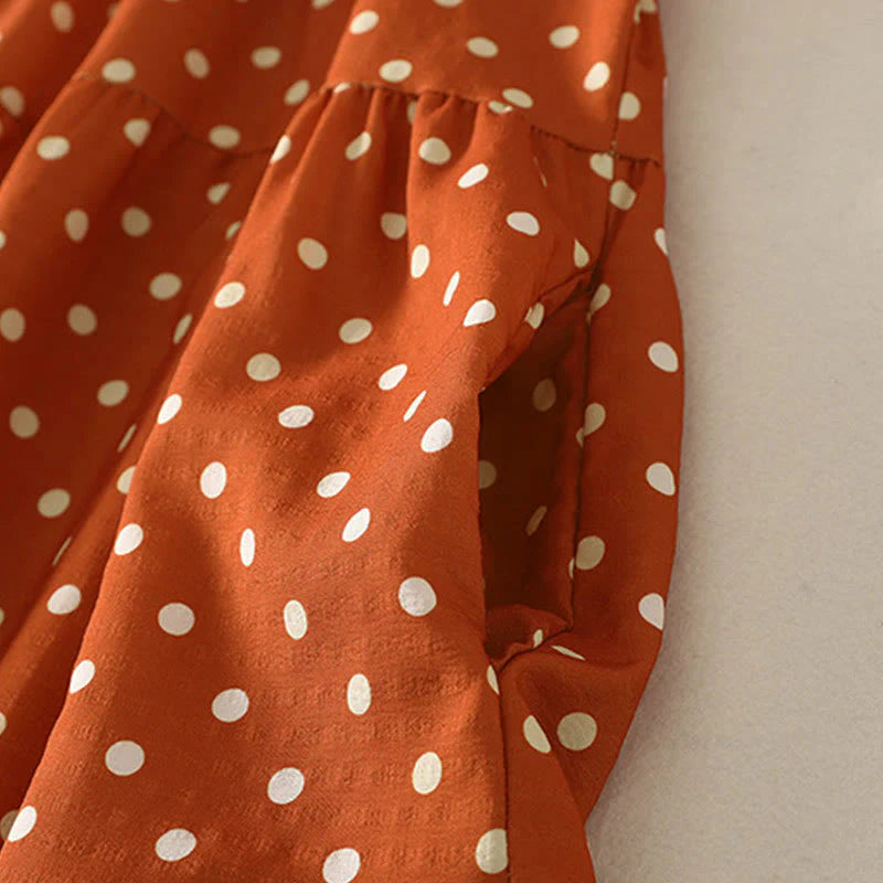 Buddha Stones Fall Polka Dot Design Crew Neck Long Sleeve Cotton Women's Midi Dress