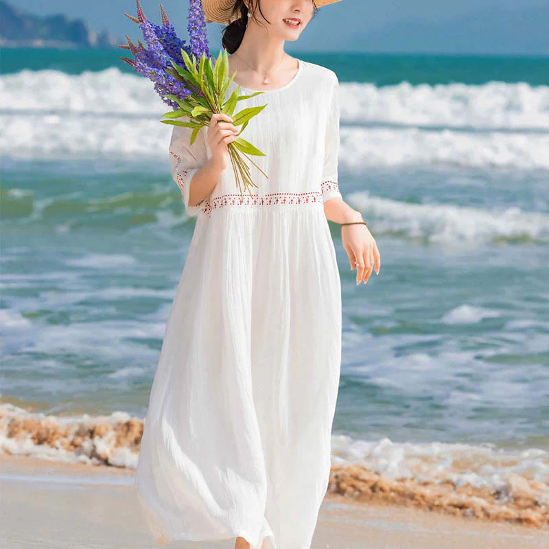 Buddha Stones Solid Color Embroidery Short Sleeve Cotton Midi Dress