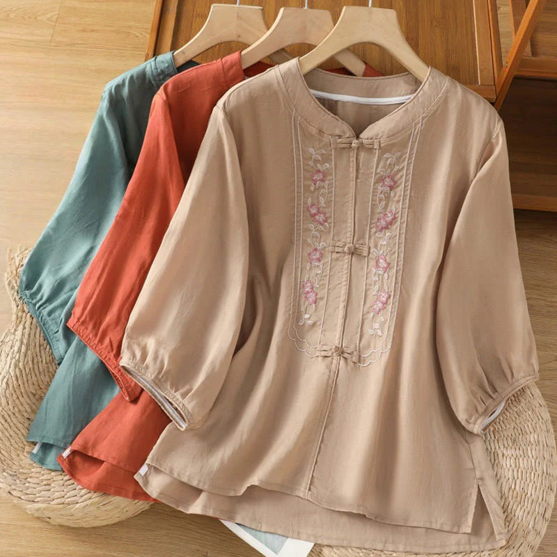 Buddha Stones Casual Embroidery Frog-Button Cotton Polyester Half Sleeve Women's Stand Collar Shirt