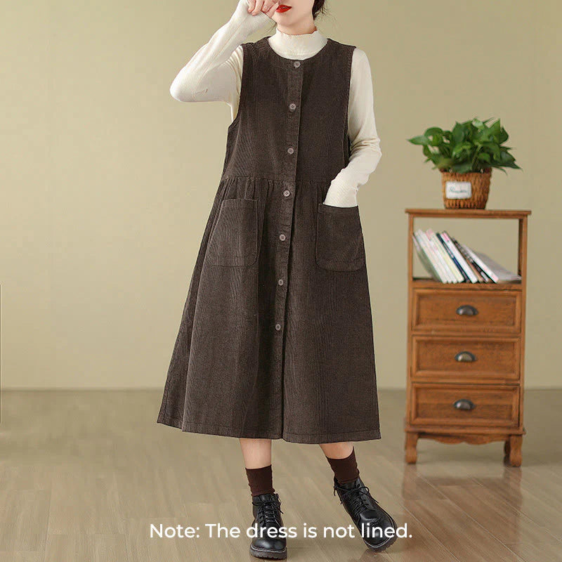 Buddha Stones Fall Retro Buttons Design Corduroy Sleeveless Midi Dress With Pockets
