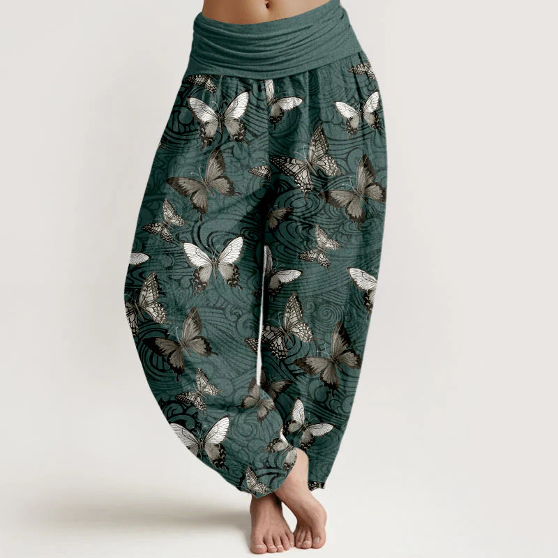 Buddha Stones Pure Cotton Gray Black Butterfly Striped Women's Elastic Waist Harem Pants