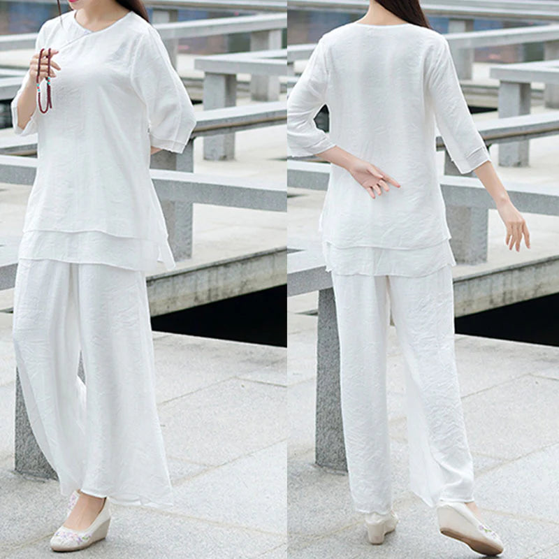Buddha Stones 2Pcs Simple Design White Top Pants Meditation Yoga Zen Tai Chi Clothing Women's Set
