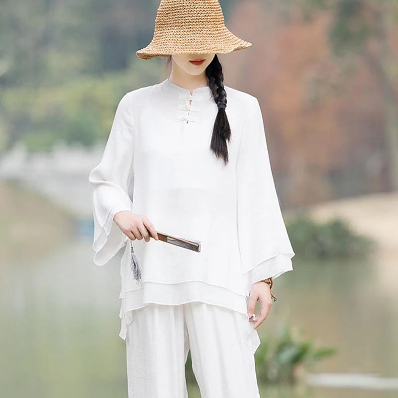 Buddha Stones 2Pcs Plain Design Top Pants Meditation Yoga Zen Tai Chi Cotton Linen Clothing Women's Set (Extra 30% Off | USE CODE: FS30)
