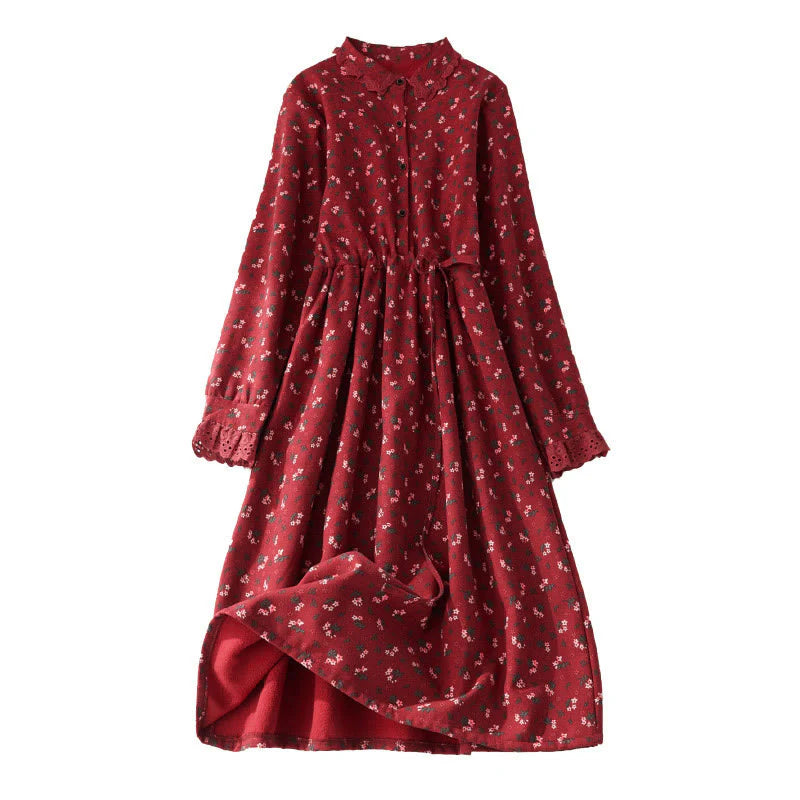 Buddha Stones Floral Pattern Lace Patchwork Design Long Sleeve Corduroy Midi Dress With Pockets