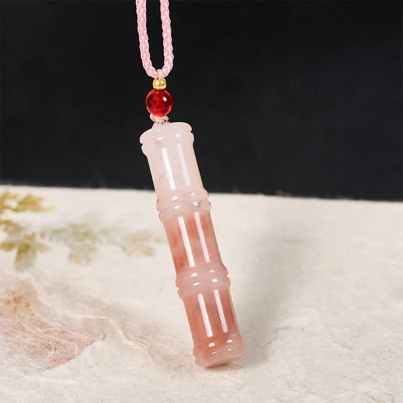 Buddha Stones Craved Bamboo Natural Pink Quartzite Jade Protection Necklace Pendant