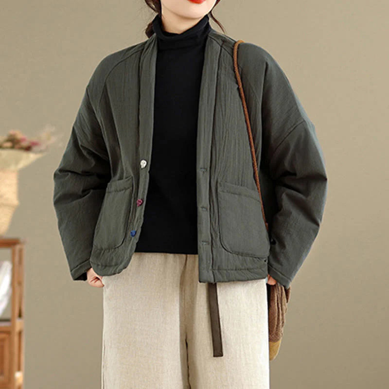 Buddha Stones Winter Long Sleeve Cotton Women's Thermal Jacket With Pockets