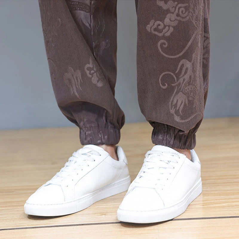 Buddha Stones 2Pcs Fall Winter Men's Tang Suit Dragon Frog-Button Cotton Corduroy Long Sleeve Jacket Pants Set With Pockets