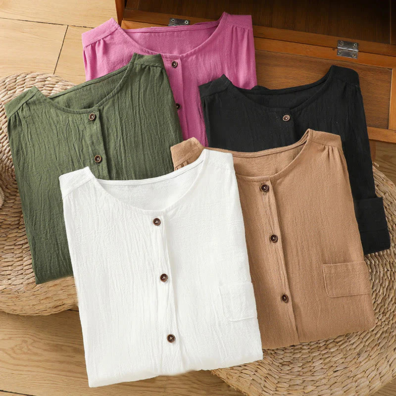 Buddha Stones Casual Plain Buttons Half Sleeve Women's Cotton Linen Shirt With Pocket