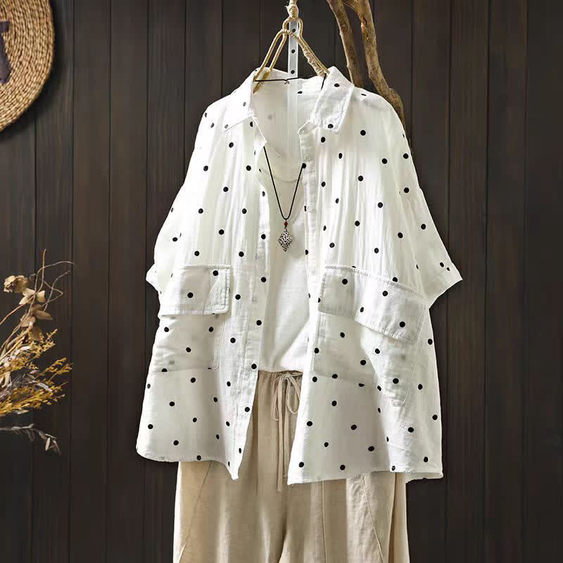Buddha Stones Women's Commute Short Sleeve Polka Dot Lapel Cotton Shirt With Pockets