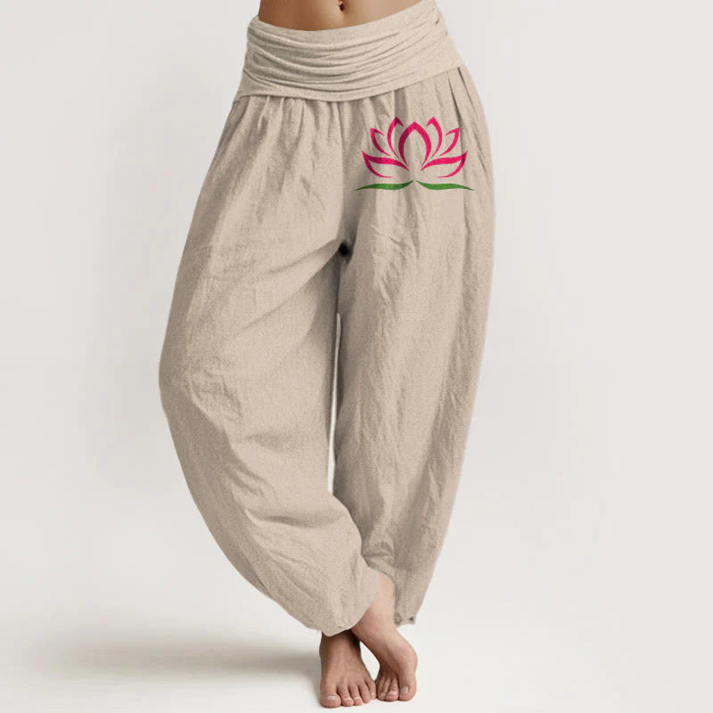 Buddha Stones Simple Design Pink Lotus Pattern Pure Cotton Women's Elastic Waist Harem Pants