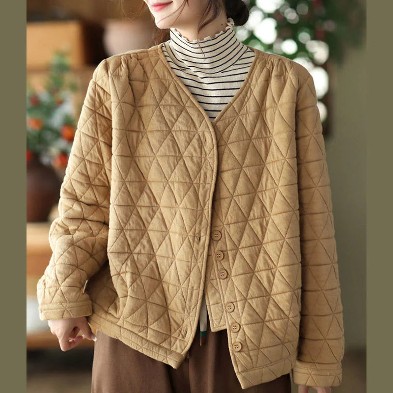 Buddha Stones Winter Cotton Long Sleeve Diamond Pattern Women's Thermal Jacket With Pockets