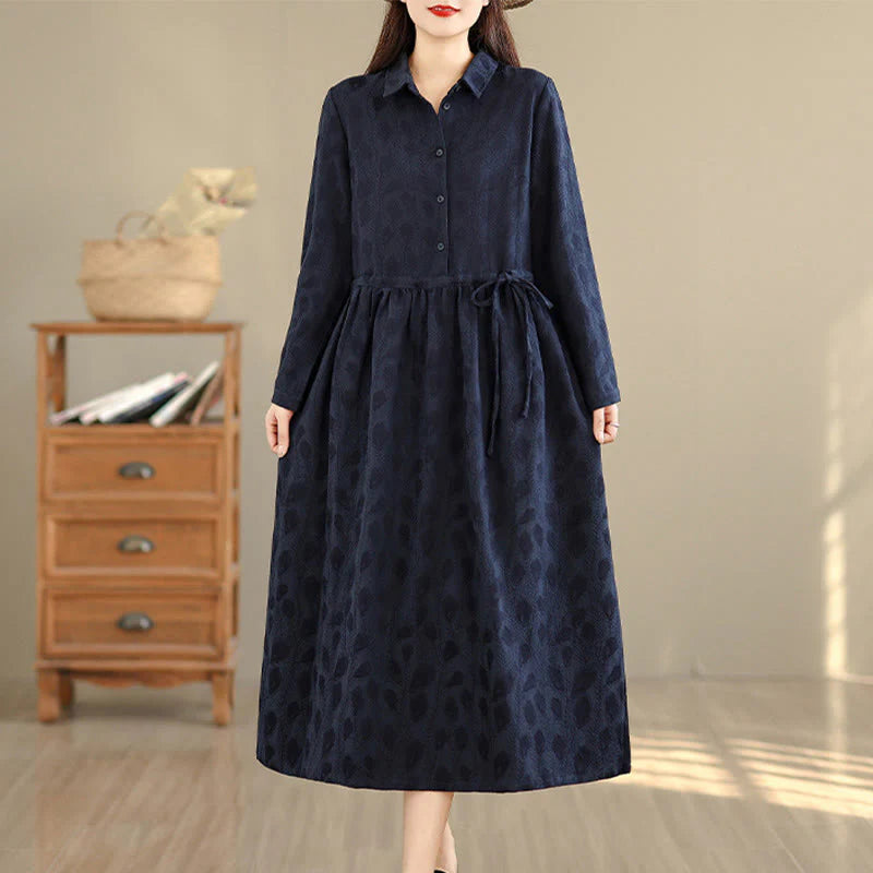 Buddha Stones Leaf Pattern Stand Collar Long Sleeve Cotton Midi Dress With Pockets