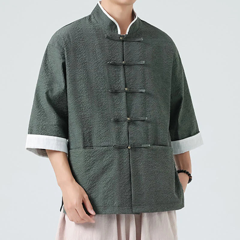 Buddha Stones Spring Solid Color Three Quarter Sleeve Tang Suit Men's Buttons Shirt With Pockets