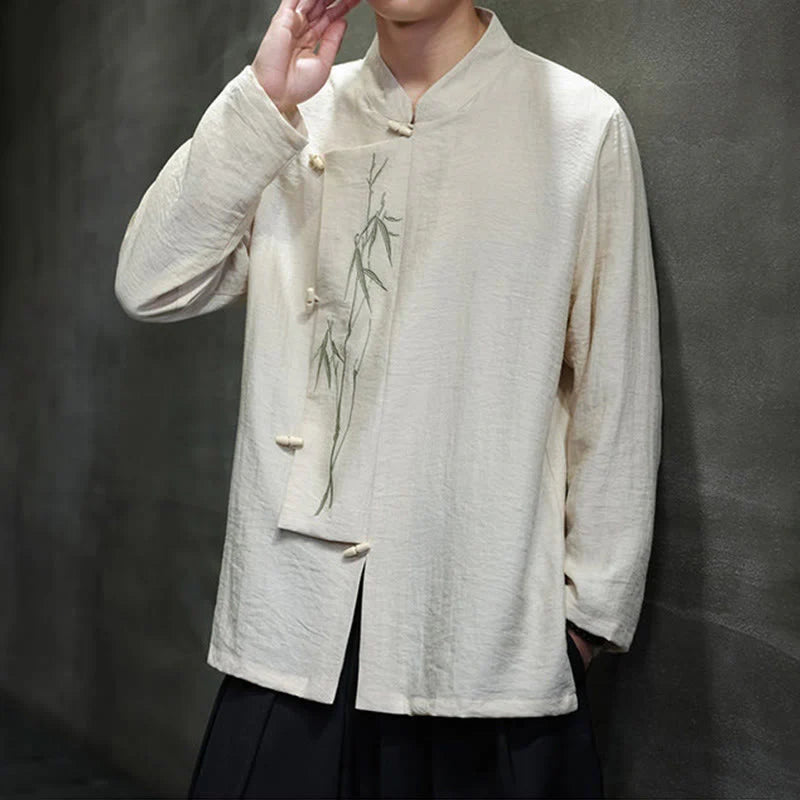 Buddha Stones Fall Solid Color Bamboo Leaf Embroidery Men's Long Sleeve Cotton Linen Shirt