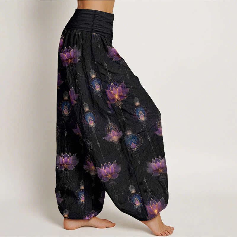 Buddha Stones Cotton Gorgeous Lotus Lantern Pattern Women's Elastic Waist Harem Pants