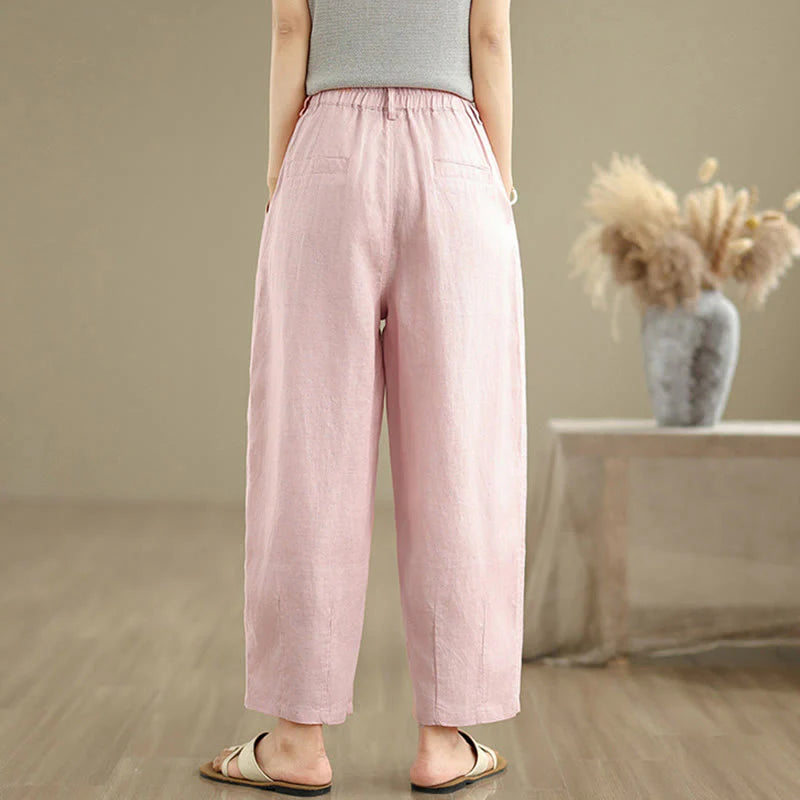 Buddha Stones Casual Summer Solid Color High Waist Women's Cotton Linen Harem Pants With Pockets