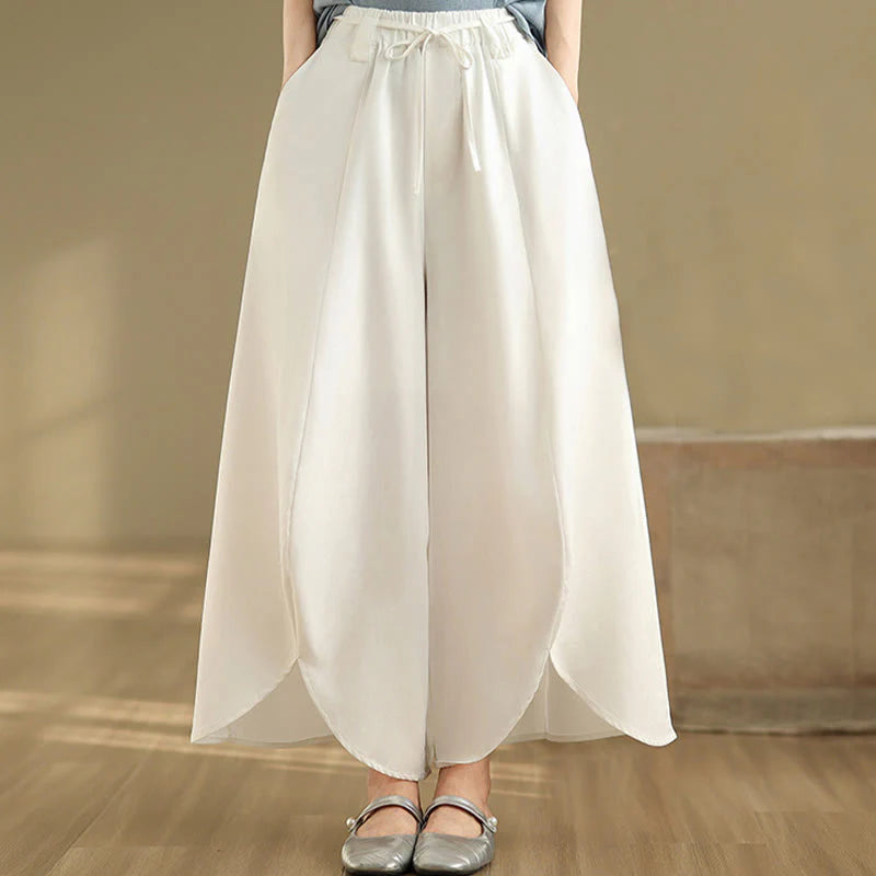 Buddha Stones Summer Vintage Lace-Up Women's Wide Leg Split Pants With Pockets