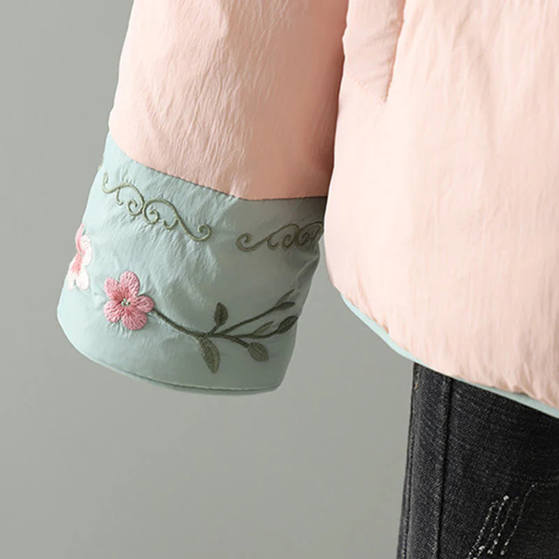 Buddha Stones Peach Blossom Embroidery Frog-Button Long Sleeve Thermal Women's Jacket With Pockets