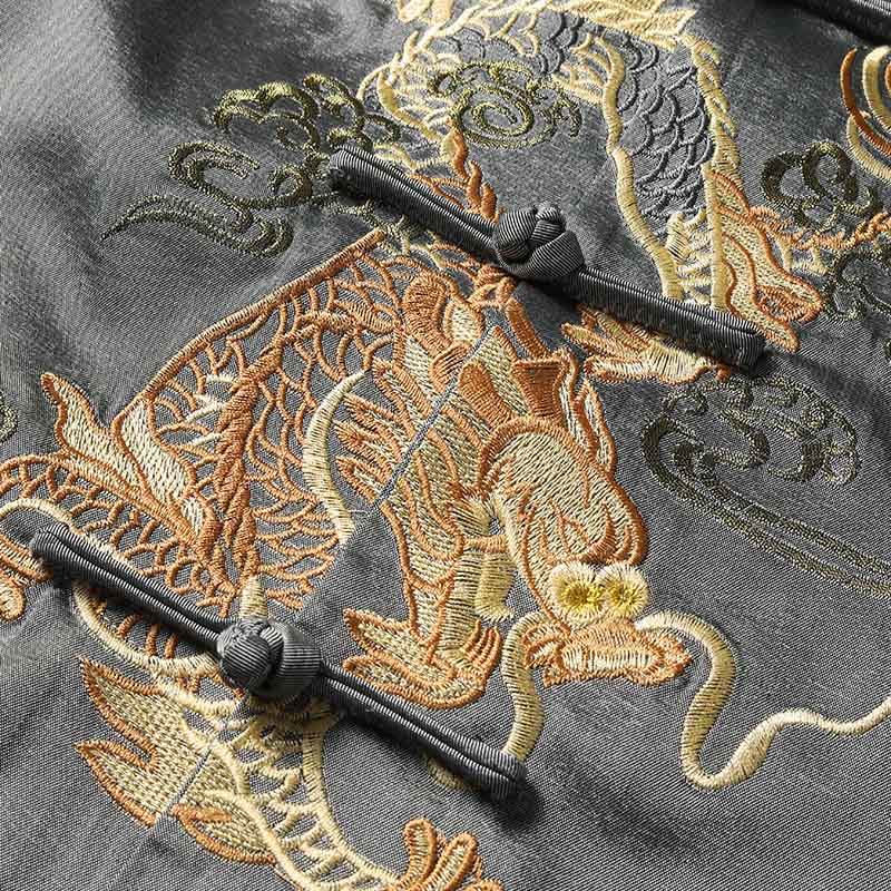 Buddha Stones Spring Fall Dragon Embroidery Frog-Button Long Sleeve Men's Jacket