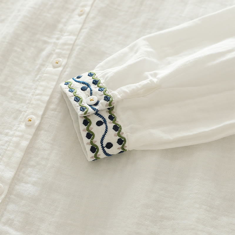 Buddha Stones Fall White Geometric Embroidery Buttons Women's Cotton Long Sleeve Shirt