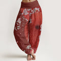 Buddha Stones Cotton Casual Red Oil-paper Umbrella Cherry Blossom Pattern Women's Elastic Waist Harem Pants