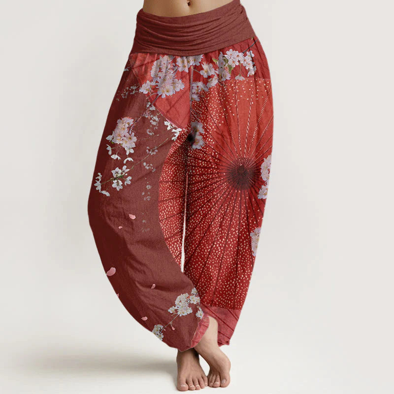 Buddha Stones Cotton Casual Red Oil-paper Umbrella Cherry Blossom Pattern Women's Elastic Waist Harem Pants