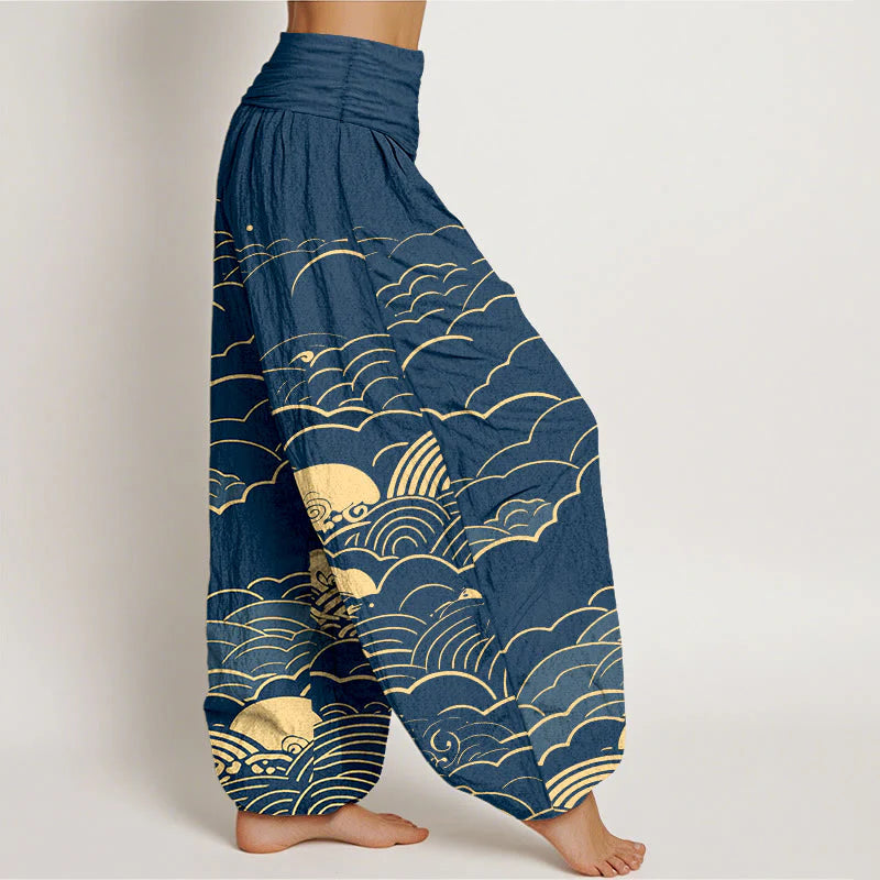 Buddha Stones Cotton Classical Clouds Spiral Pattern Women's Elastic Waist Harem Pants