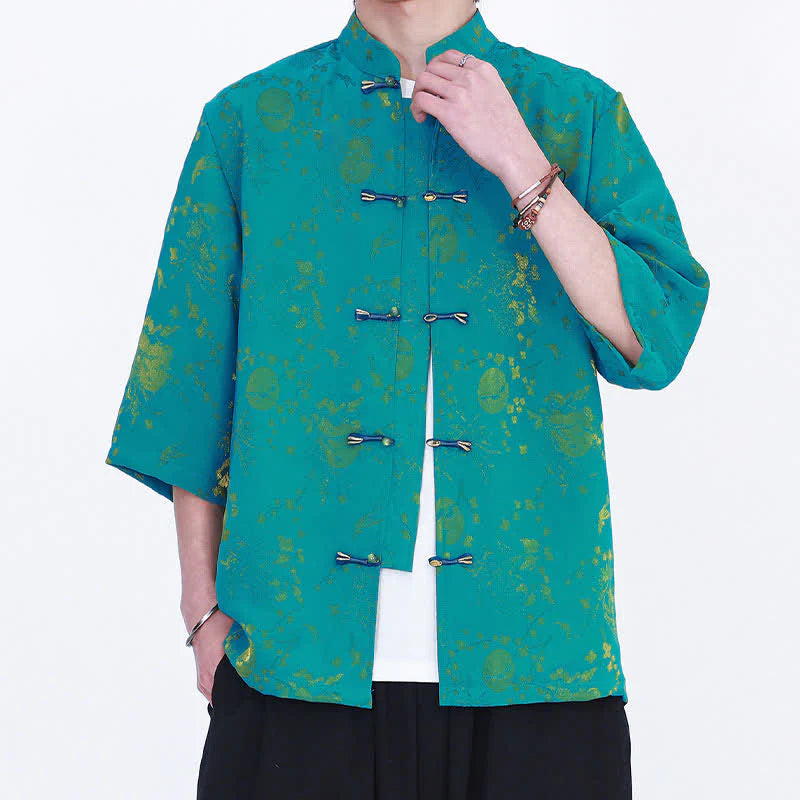 Buddha Stones Summer Vintage Elegant Mandarin Collar Gold Cloud Pattern Elbow Sleeve Men's Shirt