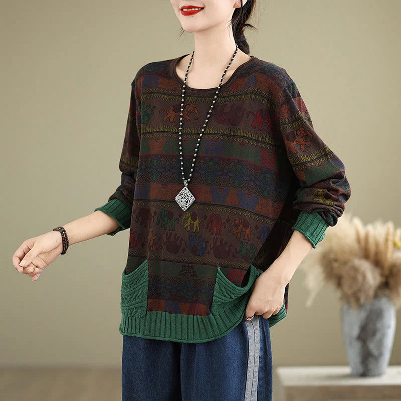 Buddha Stones Fall Elephant Pattern Knitted Cotton Women's Long Sleeve Sweater With Pockets