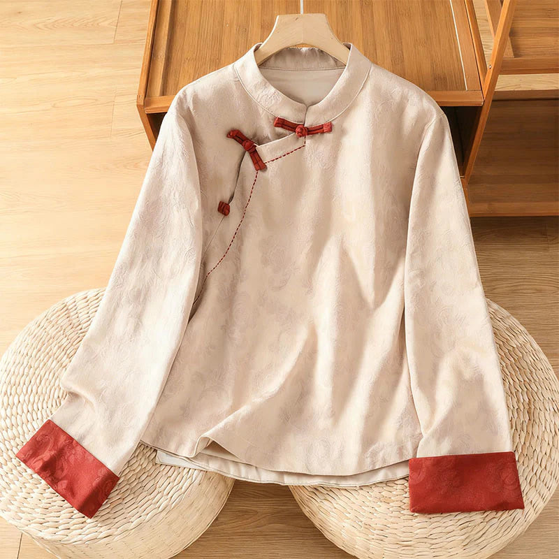 Buddha Stones Fall Jacquard Floral Print Frog-Button Stand Collar Long Sleeve Women's Cotton Shirt