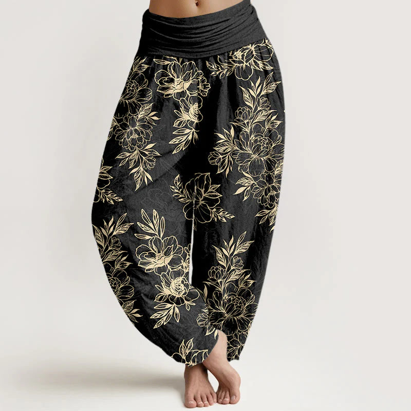 Buddha Stones Cotton Complicated Flowers Leaves Pattern Women's Elastic Waist Harem Pants