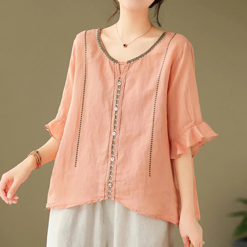 Buddha Stones Embroidery Buttons Crew Neck Flared Short Sleeve Women's Shirt