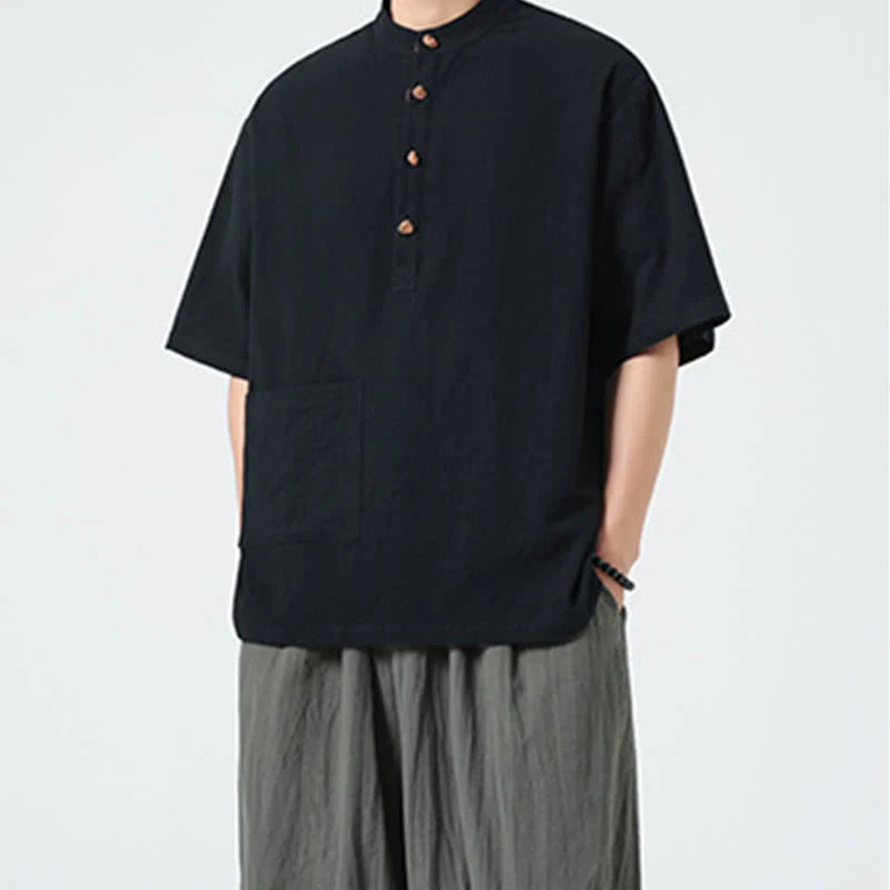 Buddha Stones Casual Half Frog-Button Design Stand Collar Tang Suit Men's Half Sleeve Cotton Shirt With Pocket