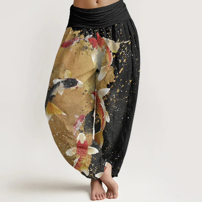 Buddha Stones Cotton Casual Koi Fish Gold Ink Background Pattern Women's Elastic Waist Harem Pants
