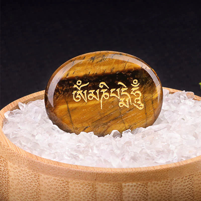 Buddha Stones Om Mani Padme Hum Amethyst Tiger Eye Palm Stone Crystal Decor 35*45mm