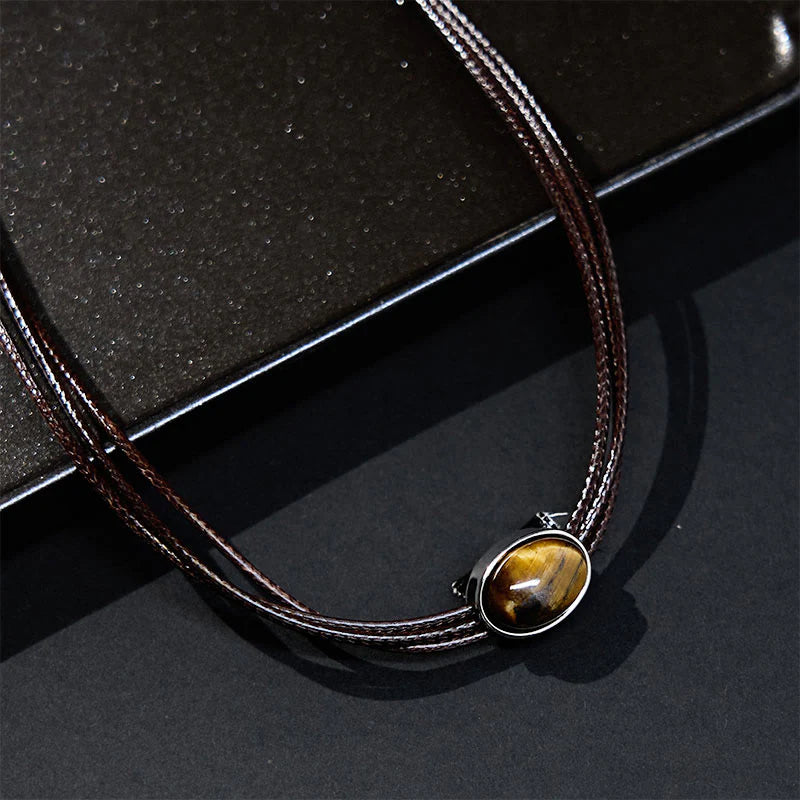 Buddha Stones Natural Tiger Eye Ellipse Protection Wax Rope Necklace Pendant