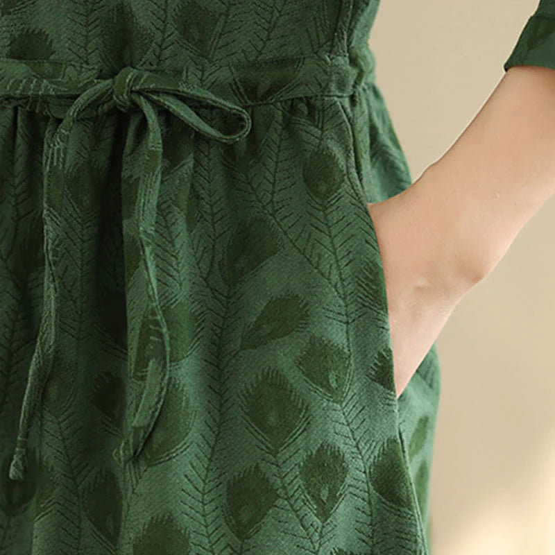 Buddha Stones Leaf Pattern Stand Collar Long Sleeve Cotton Midi Dress With Pockets