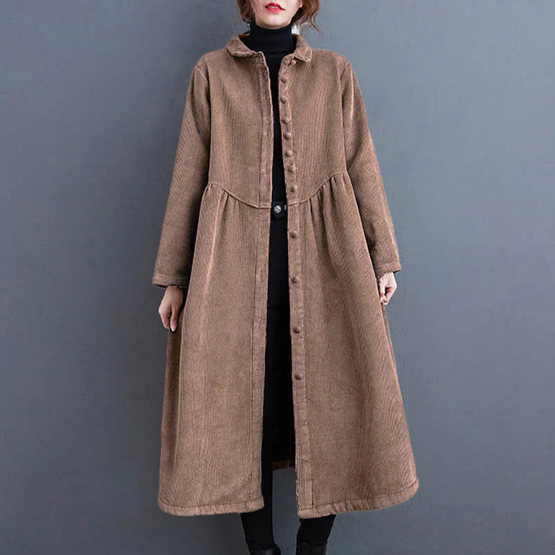 Buddha Stones Plain Buttons Long Sleeve Women's Cotton Corduroy Fleece-Lined Coat With Pockets