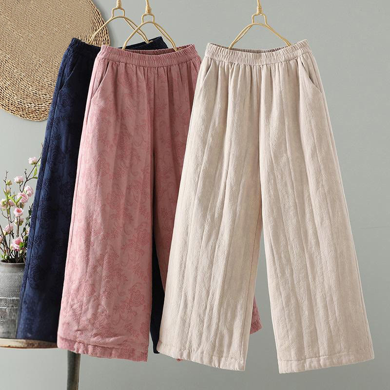 Buddha Stones Jacquard Cotton-padded Women's Wide Leg Thermal Ankle-Length Pants With Pockets