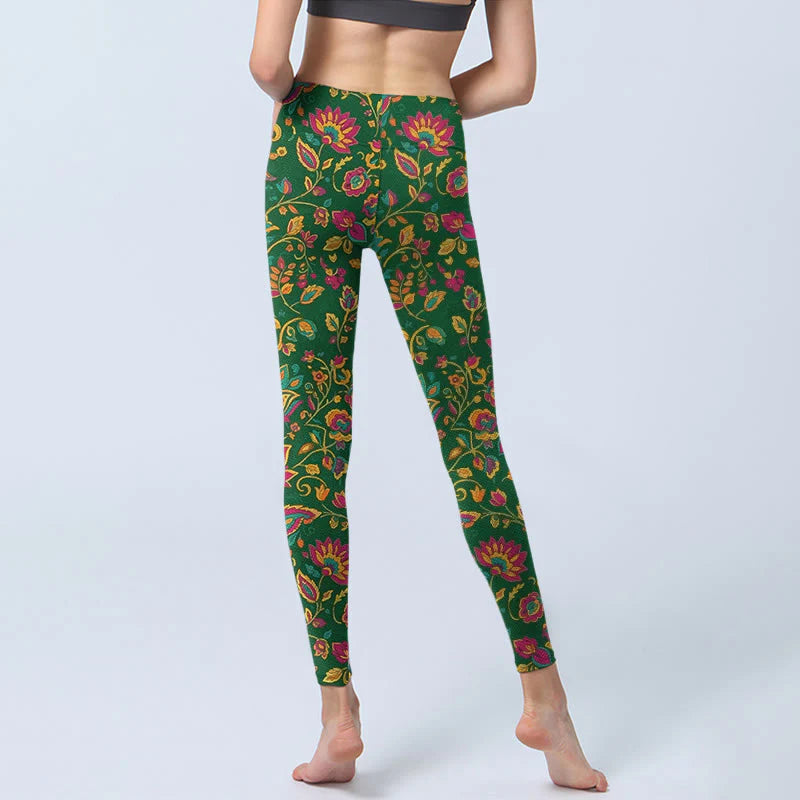 Buddha Stones Brightly Colored Flower Leaf Pattern Gym Leggings Women's Yoga Pants