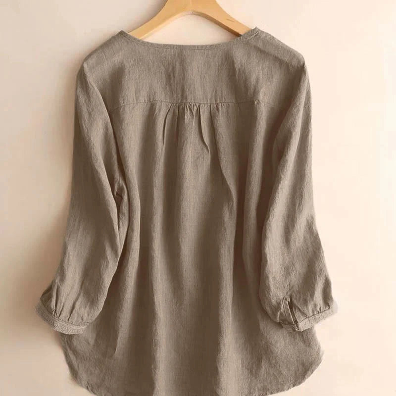 Buddha Stones Casual Plain Women's Hollow Crew Neck Design Three Quarter Sleeve Shirt