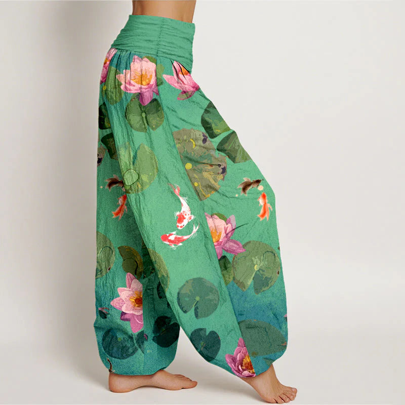 Buddha Stones Print Koi Fish Lotus Flowers Pattern Women's Elastic Waist Harem Pure Cotton Pants