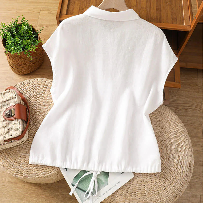 Buddha Stones Summer Plain Color Button Short Sleeve Women's Cotton Shirt