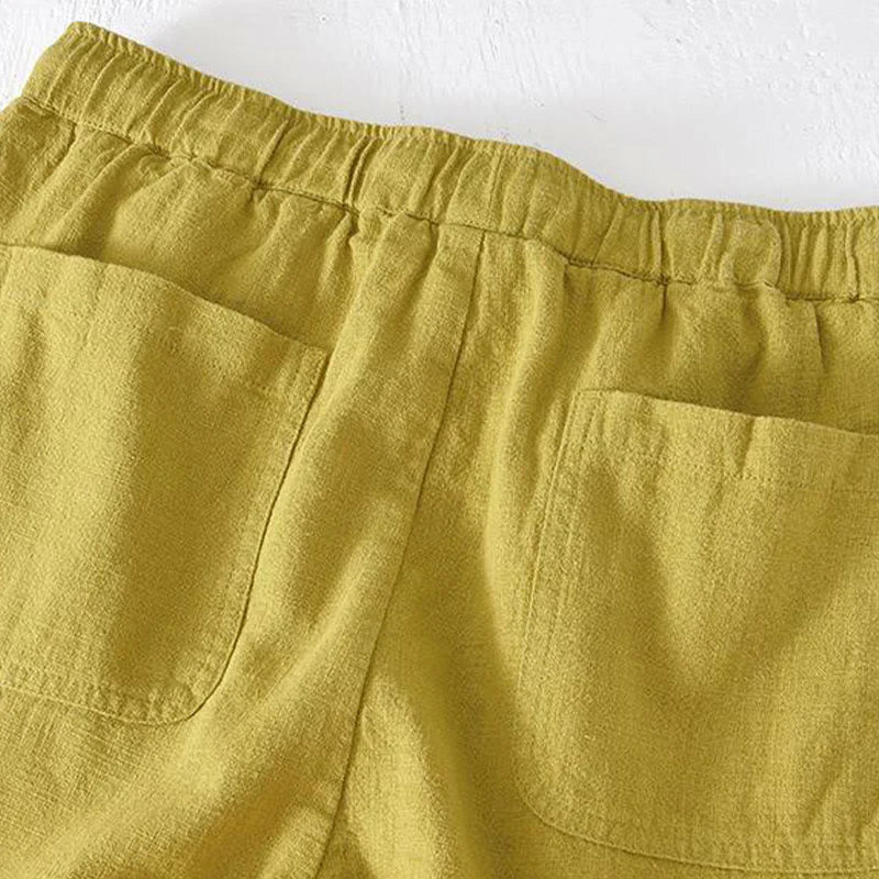 Buddha Stones Summer Solid Color Drawstring Elastic Waist Men's Cotton Linen Shorts With Pockets