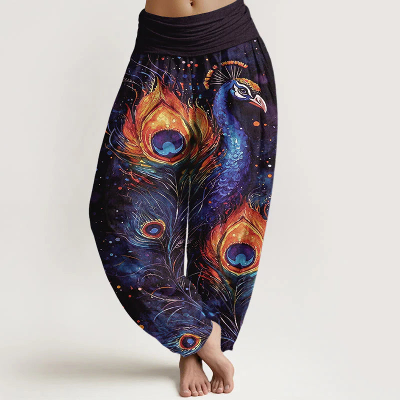 Buddha Stones Cotton Peacock Starry Sky Pattern Women's Elastic Waist Harem Pants