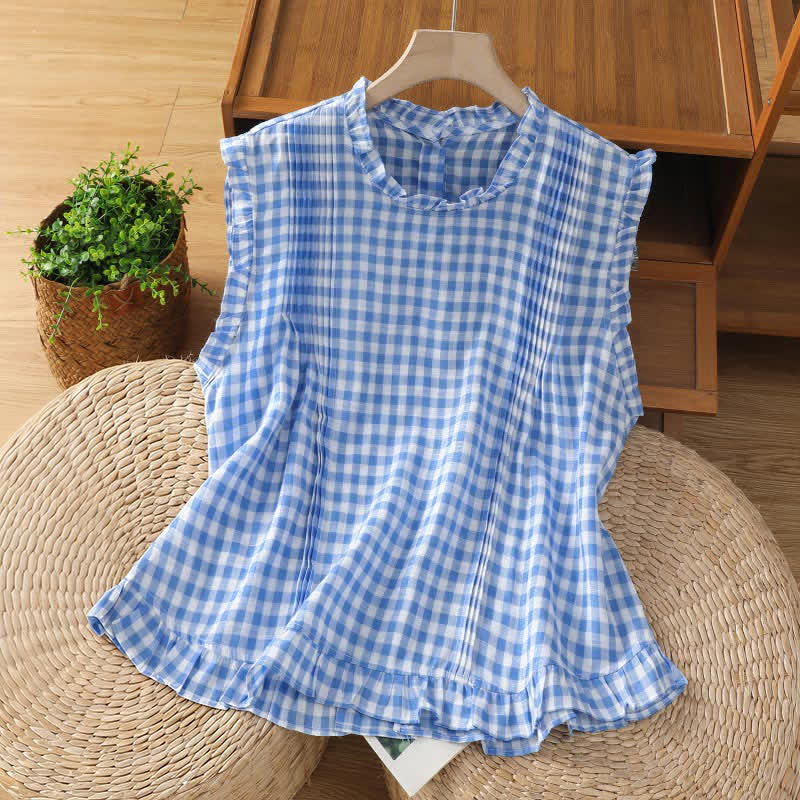 Buddha Stones Summer Plaid Ruffled Crew Neck Back Button Design Women's Sleeveless T-Shirt