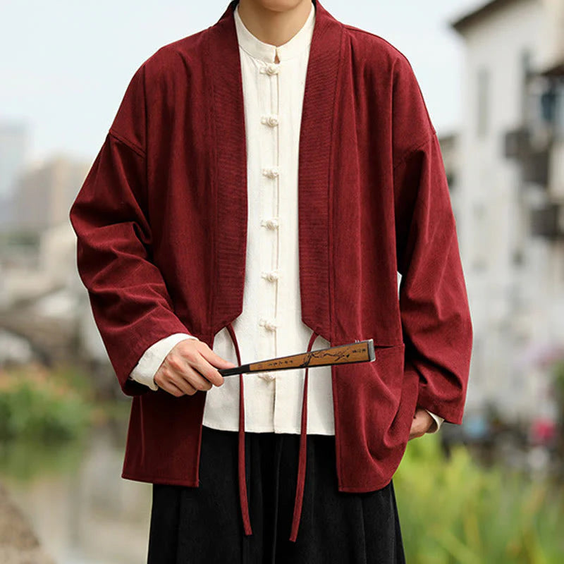 Buddha Stones Solid Color Open Front Long Sleeve Jacket Men's Cotton Corduroy Kimono With Pockets