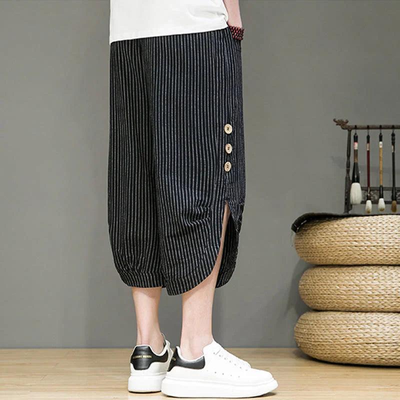 Buddha Stones Casual White Stripes Pattern Drawstring Button Design Men's Cotton Cropped Harem Pants With Pockets