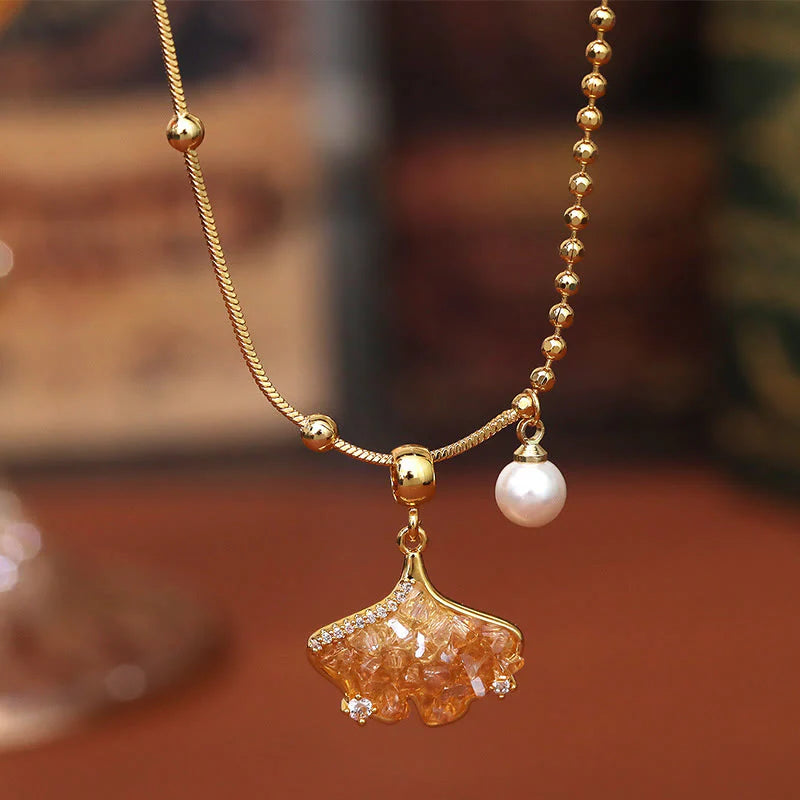Buddha Stones Champagne Citrine Copper Pearl Properity Protection Necklace Pendant