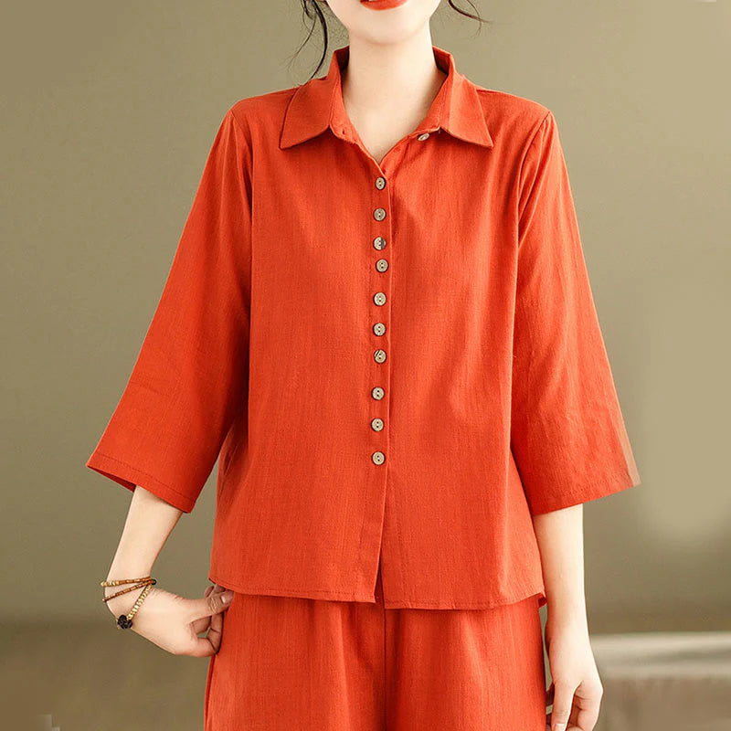 Buddha Stones 2pcs Casual Women's Stand Collar Shirt Loose Pants Meditation Clothing Set